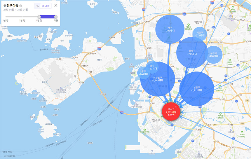 2020년 4월~2021년 4월 연수구 순인구 이동. 자료=호갱노노