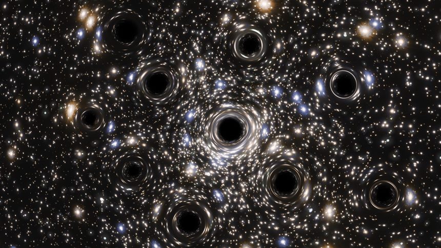 블랙홀들이 우글거리는 성단 중심부 상상도. 이미지=ESA/Hubble, N. Bartmann