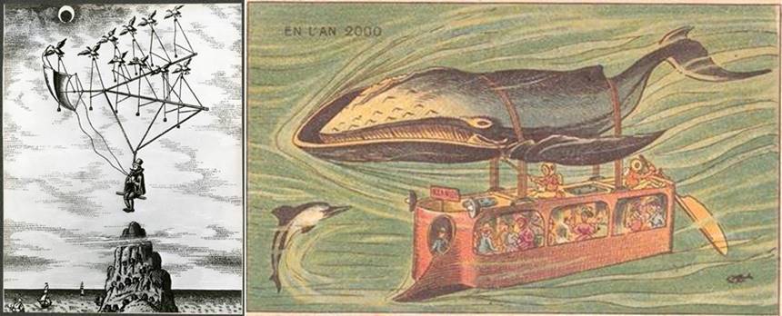1638년 도밍고 곤잘레스가 출판한 SF 소설 ‘달나라 인간’에 등장하는 달나라 거위 비행선(왼쪽)과 1908년 발행된 우표에 찍힌 ‘고래 잠수함 2000’의 상상도. 이미지=Wikimedia commons