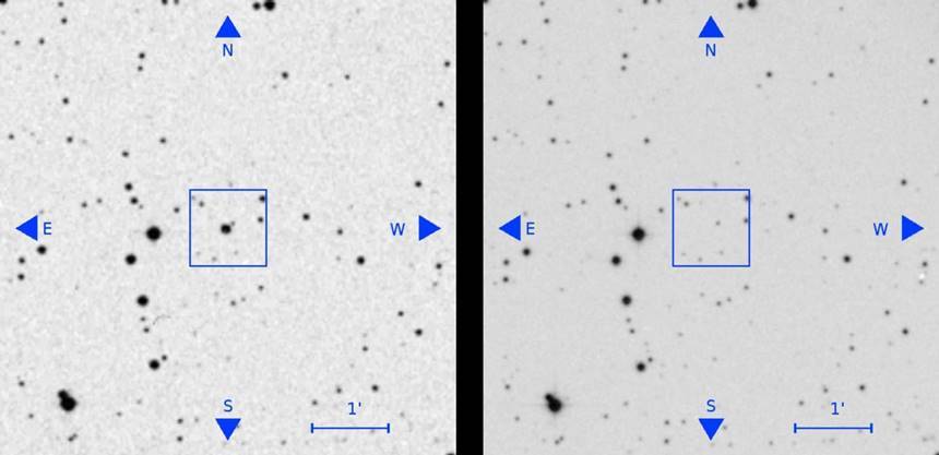 이번 분석에서 확인된 종적을 감춘 별 중 하나. 파란 사각형 안에 있던 별이 최근 관측 사진에선 보이지 않는다. 사진=Vasco Project