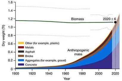 인류가 남긴 인공물이 시간에 따라 어떻게 증가해왔는지 비교한 그래프. 금속, 아스팔트, 벽돌 등 인류가 남긴 인공물의 질량을 모두 합하면 모든 지구 생명체의 질량을 추월했다.