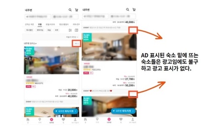 앱 가장 상단에 위치하는 숙소는 AD(광고) 표시가 오른쪽 위에 보이지만 그 밑에 숙소들은 AD 표시가 없다. 숙박업주 들은 뒤따르는 상위 노출 숙소들도 대부분 광고라고 전했다. 사진=야놀자 앱 캡처