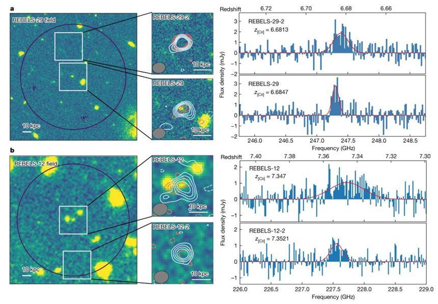 이번 연구에서 관측한 두 은하 REBELS-12와 REBELS-29 주변 영역의 전파 관측 결과, 허블로 봤을 때는 아무것도 보이지 않았던 주변의 텅 빈 영역에서 희미하지만 분명한 전파 광원의 존재를 확인할 수 있다.