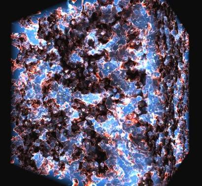 초기 우주에서 1세대 별들의 강한 자외선 복사에 의해 우주가 재이온화 시기를 겪는 순간을 재현한 우주론적 시뮬레이션. 이미지=M. Alvarez, R. Kaehler, and T. Abel