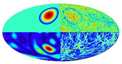 시뮬레이션을 통해 재현된 다중우주와 충돌하며 남는 우주 배경 복사 파문의 흔적. 둥근 동심원의 형태로 온도 요동이 진동하는 패턴을 관측할 수 있다.