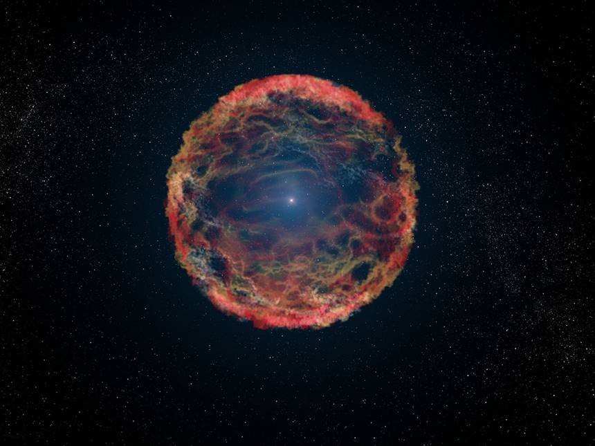 초신성 폭발 직후 중심의 별이 바깥으로 분출한 외곽 물질이 둥글게 퍼져나가는 모습. 사진=NASA/ESA/G. Bacon(STScI)