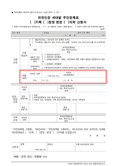 외국인 구성원의 주민등록등본 기재 신청서. 주민등록등본에 외국인 구성원을 기재하기 위해서는 본인이 신청하더라도 세대주의 서명이 필요하다. 사진=법제처