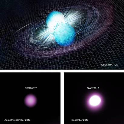 2017년 포착한 중성자별끼리의 충돌을 묘사한 그림과 실제 관측으로 확인한 충돌 전후의 광도 변화. 이미지=NASA