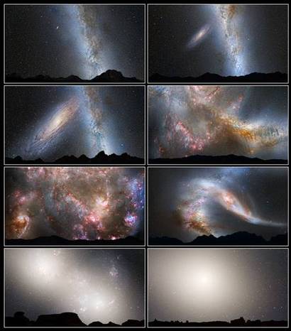 지구에서 안드로메다와 우리 은하가 충돌하는 과정을 바라본 모습을 표현한 상상도. 이미지=NASA/wikimedia commons