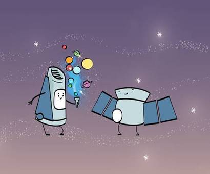 케플러 우주 망원경과 TESS가 귀여운 그림체로 표현되어 있다. 이미지=NASA