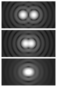 각각 둥글게 회절 무늬를 그리는 두 광원이 어느 정도 간격을 두고 떨어져 있어야만 분해가 가능하다. 이미지=Wikimedia commons