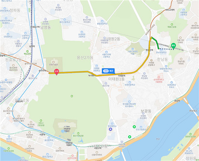 외교부장관공관과 국방부 간의 자동차 이동 시간을 측정해 봤다. 사진=네이버지도 캡처