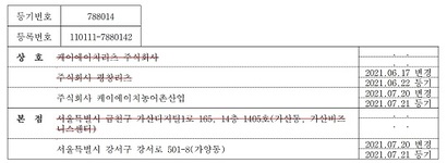 KH강원개발과 함께 알펜시아 공개매각에 응찰한 IHQ 자회사 KH리츠(현 KH농어촌산업) 등기부등본. 지난해 5월 설립된 이 회사는 알펜시아 공개입찰 직전 사명을 '평창리츠'로 변경하고, 이후 다시 'KH농어촌산업'으로 사명을 변경했다.