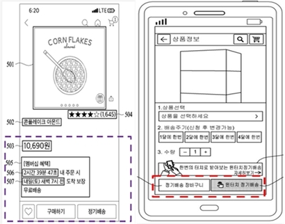 쿠팡은 멤버십 가입이나 특별 배송 시 주문 마감 시각에 대한 정보 및 배송 완료 예상 시각에 대한 정보를 제공하는 기술(왼쪽), 원터치 정기배송을 위해 사용자의 단말에 표시되는 UI(오른쪽)에 관한 특허를 보유하고 있다.