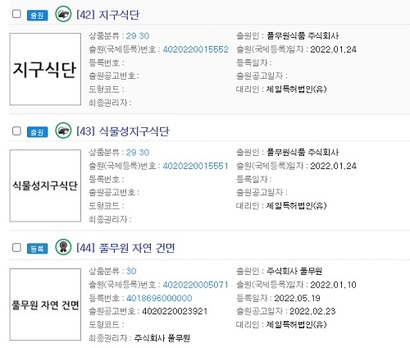 지난 1월 풀무원이 출원한 비건 관련 상표들. 사진=특허청 특허정보넷 키프리스​