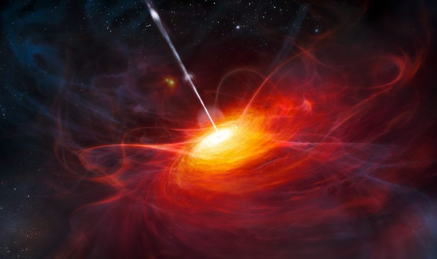 원시 은하 중심에 숨어 있는 초거대 질량 블랙홀에 의해 형성된 퀘이사의 모습을 표현한 그림. 이미지=NASA/Wikimedia commons