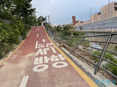 우이천 산책로의 펜스가 무너져 내려 있다. 안전 경고 표시 등은 없었다. 사진=전다현 기자