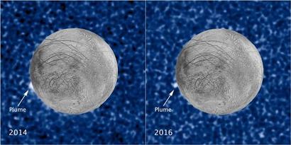 허블 우주 망원경으로 포착한 유로파의 물줄기. 사진=NASA/ESA/W. Sparks(STScI)/USGS Astrogeology Science Center