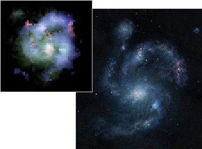 은하 Q2343-BX442를 허블 우주망원경으로 포착한 실제 관측 이미지와 그것을 토대로 구현한 은하의 상상도. 이미지=JOE BERGERON, DUNLAP INSTITUTE FOR ASTRONOMY AND ASTROPHYSICS
