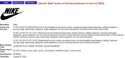 나이키는 가상제품에 대한 상표출원도 작년 10월 이미 마쳤다. 자료=미국 특허청(USPTO)
