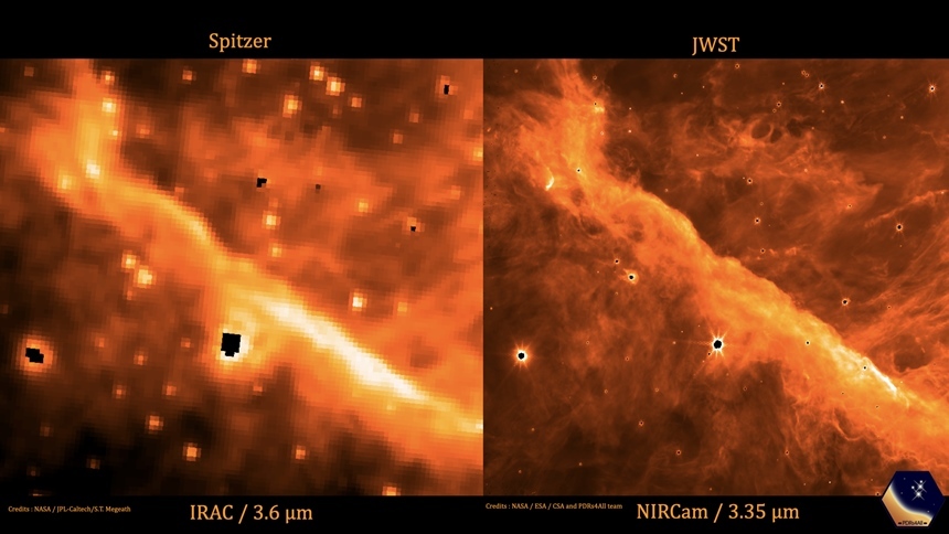 같은 영역을 스피처 우주 망원경으로 찍은 것(왼쪽)과 제임스 웹 망원경으로 찍은 것. 사진=NASA, ESA, CSA, Data reduction and analysis: PDRs4All ERS Team; graphical processing S. Fuenmayor & O. Berné