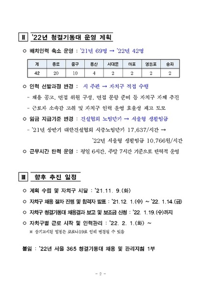 2022년 청결기동대 운영계획 일부 내용. 서울시는 임금 지급 기준을 건설협회 노임단가에서 서울형 생활임금으로 변경했다. 자료=서울특별시