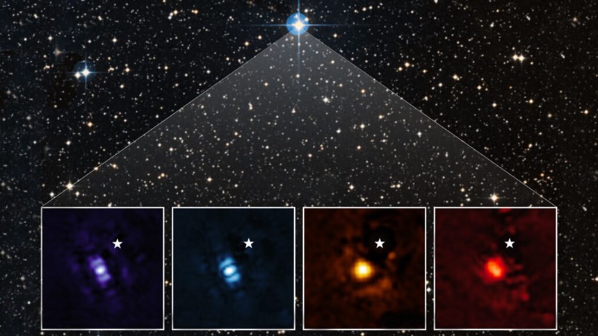 제임스 웹으로 관측한 별 HIP 65426 주변 외계행성의 실제 관측 사진. 별 표시 왼쪽 아래 찍힌 얼룩이 실제 외계행성의 모습이다. 사진=IMAGE: NASA, ESA, CSA, Alyssa Pagan(STScI) SCIENCE: Aarynn Carter(UC Santa Cruz), ERS 1386 Team