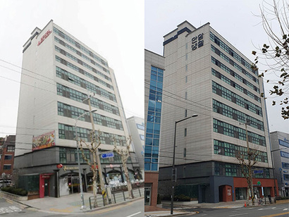 2020년 3월 리첸 카운티 호텔(왼쪽)과 현재 안암생활(오른쪽)의 모습. 사진=카카오맵 캡처(왼쪽), 노영현 기자(오른쪽)