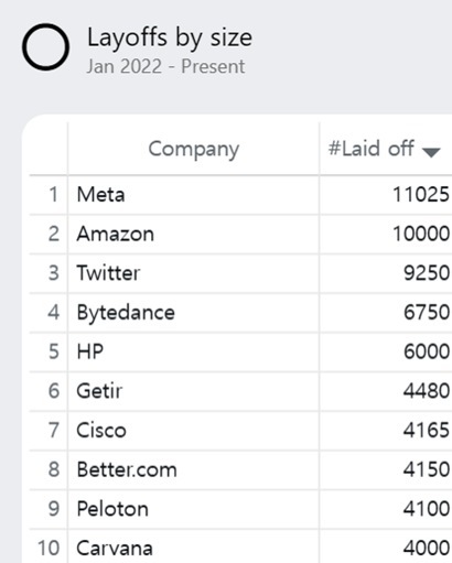 직원 해고 규모가 컸던 테크 회사 10곳. 사진=layoffstracker.com