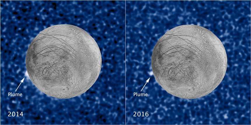 허블 우주망원경으로 포착한 유로파의 물줄기. 사진=NASA, ESA, W. Sparks(STScI), and the USGS Astrogeology Science Center