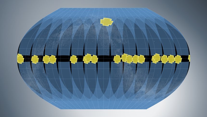 케플러의 관측 영역(노란색)과 TESS의 관측 영역(하늘색)을 비교한 사진. 사진=NASA/JPL-Caltech/T. Pyle, J. Vargas(IPAC)