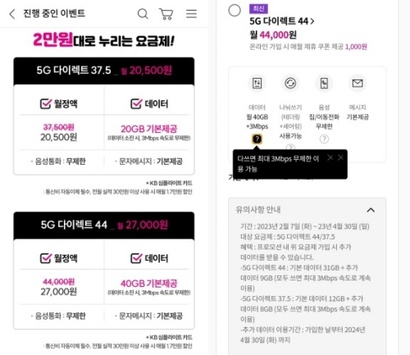 LG유플러스는 저가 온라인 요금제 내용에 ​​프로모션 기간에만 제공하는 추가 데이터를 ​​표시해 가입자의 혼란을 일으킨다는 지적이 나온다. 사진=독자 제공