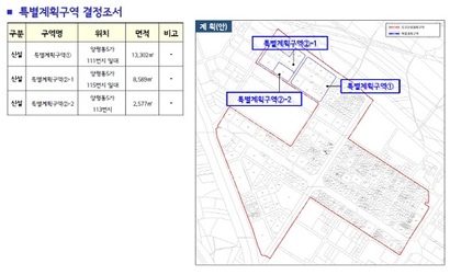 한강변과 아파트 사이 평지에 해당하는 롯데 부지(위)와 롯데 소유 땅이 포함된 특별계획구역 계획안. 사진=서울시 제공