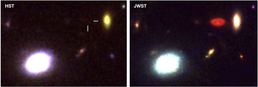허블 이미지에서는 아무것도 보이지 않았는데(왼쪽), 제임스 웹으로 보니 아주 붉게 보이는 천체가 나타난다(오른쪽).