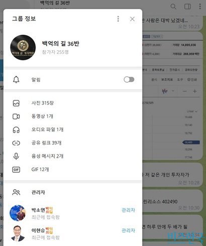 참가자 250명이 넘게 있는 백억의 길 36반 단체그룹방에 들어갔다. 사진=텔레그램 캡처