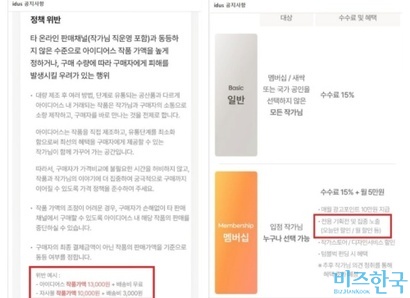 아이디어스가 공지한 정책위반 사례와 수수료 개편 사항. 사진=아이디어스 판매자 제공