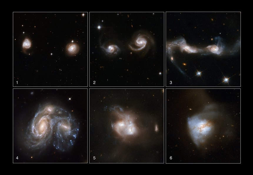 은하들이 충돌하는 과정을 단계에 따라 분류한 사진. 사진=NASA, ESA, the Hubble Heritage Team(STScI/AURA)-ESA/Hubble Collaboration and A. Evans(University of Virginia, Charlottesville/NRAO/Stony Brook University), K. Noll(STScI), and J. Westphal(Caltech)