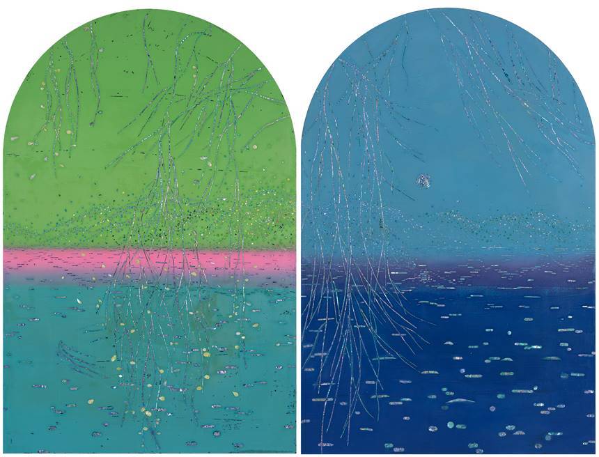한강브릿지_양육의 계절: 90×60cm 자작나무(목태칠기)에 옻칠, 자개 2025(왼쪽), 한강브릿지_침묵의 계절: 90×60cm 자작나무(목태칠기)에 옻칠, 자개 2025