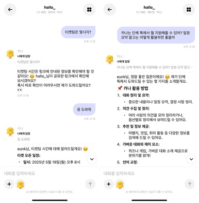 상대방과의 대화 중 일정 정리를 위해 카나나를 소환했다(왼쪽). 카나나에게 활용도에 대해 물었다. 사진=카나나 캡처