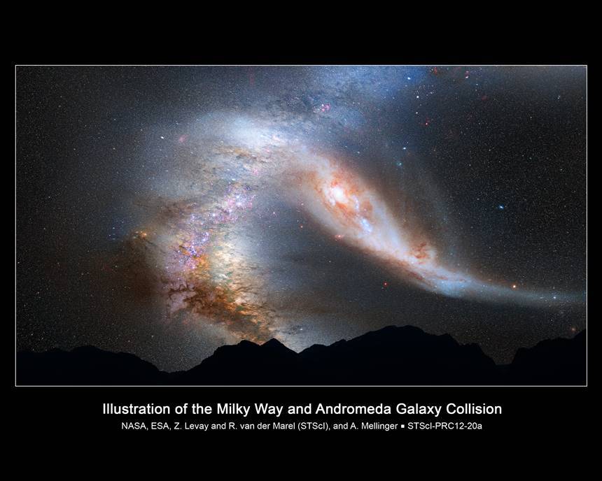 우리 은하와 안드로메다은하가 충돌하는 과정을 바라본 상황을 표현한 그림. 이미지=NASA, ESA, Z. Levay and R. van der Marel(STScI), and A. Mellinger