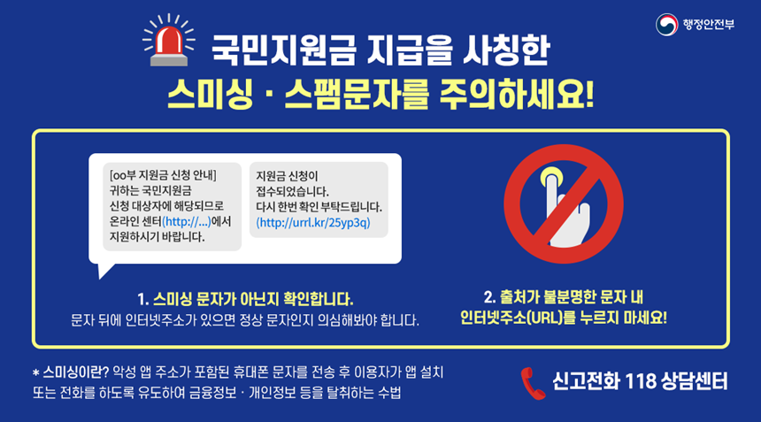 민생회복 소비쿠폰 관련 스미싱 피해를 방지하기 위해 정부·카드사·지역화폐사 URL·링크가 포함된 문자는 일절 발송되지 않을 예정이다. 사진=행정안전부