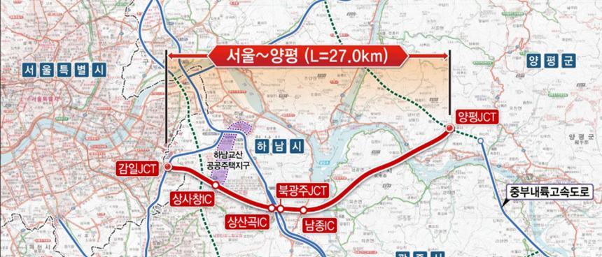 서울~양평고속도로 원안 노선도. 올해 1차·2차 추경에서 관련 예산이 반영되지 않았다. 자료=국토교통부