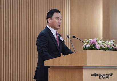 김성환 한국투자증권 대표가 올해 1월 한국투자증권 본사에서 열린 시무식에서 신년사를 하고 있다. 사진=한국투자증권 제공