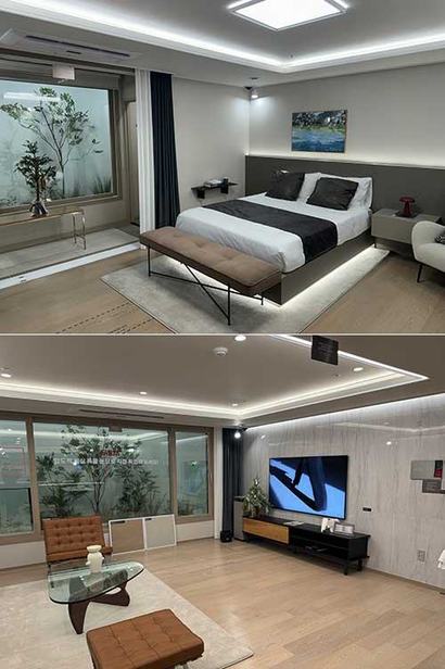 ‘시흥거모지구 대방 엘리움 더 루체Ⅰ·Ⅱ’ 침실(위)과 거실 모습. 사진=대방건설 제공