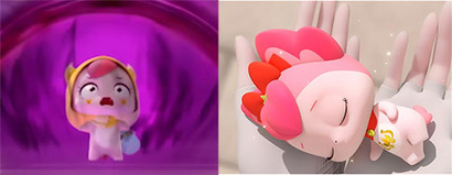 ‘캐치! 티니핑’ 시즌1 45화 ‘악동핑의 진실’, 빌런(왼쪽)에서 호감으로. 사진=키즈팡TV 동영상 캡처