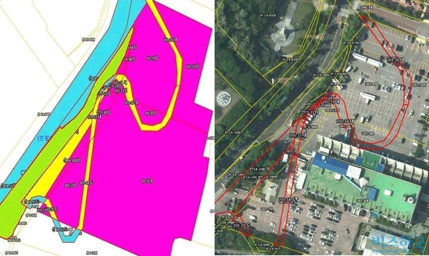 서울 중구 한국자유총연맹 본부(자유센터) 일대 지적도(왼쪽)와 항공사진. 이번에 한국자유총연맹에 매각된 국유지(지적도의 노란색 부분)는 자유센터 진입로에 인접했다. 자료=기획재정부