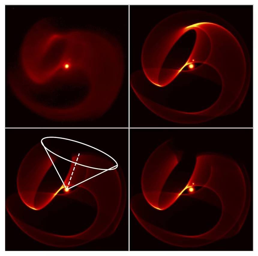 세 번째 별의 항성풍으로 인해 WR 70-16 소용돌이에 거대한 빈 공간이 생긴 것을 재현한 시뮬레이션.