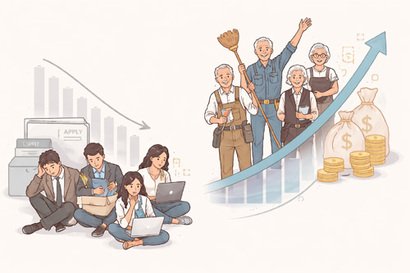 정년 65세 연장 논의가 본격화되는 만큼 청년 고용 충격을 완화할 보완 예산과 대책이 시급하다는 지적이 나온다. 일러스트=생성형 AI