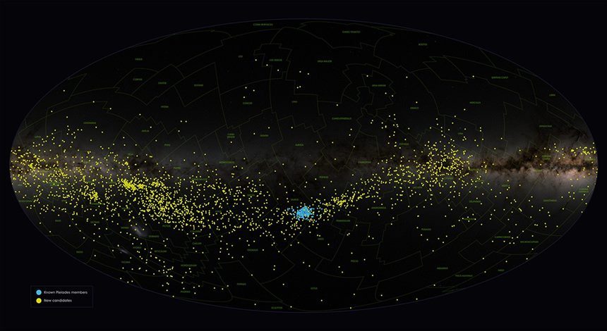 우리 은하의 평면이 중앙을 가로지르는 대(大)플레이아데스 성단의 전체 하늘 모습. 원래의 구성원은 파란색, 새로 발견된 구성원은 노란색으로 표시했다. 사진=NASA’s Goddard Space Flight Center; background, ESA/Gaia/DPAC; Boyle et. al. 2025