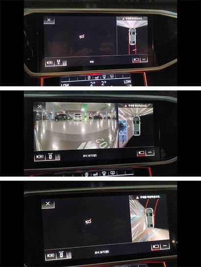 주행 중 아우디 A6 차량에서 어라운드뷰 및 후방카메라 결함이 발생한 모습. 사진=김상연 기자
